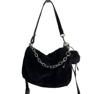 Most Wanted USA Faux Fur Crossbody Bag Silver Chain Pom Keychain USB Charger